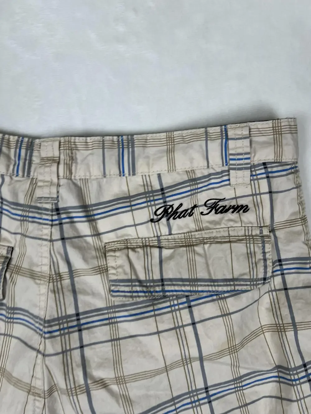 Vintage Phat Farm Cargo Shorts Mens 32 Beige Plaid Utility Y2K Hip Hop